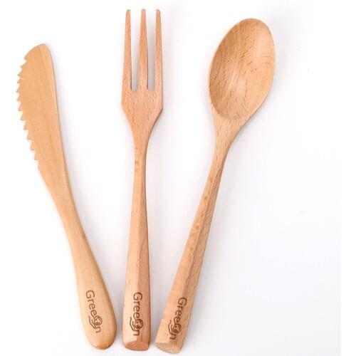 Eco Friendly Wooden Cutlery Set Premium Beech Dinnerware Kitchen Tableware Wood Dinner Knife Spoon and Fork Set