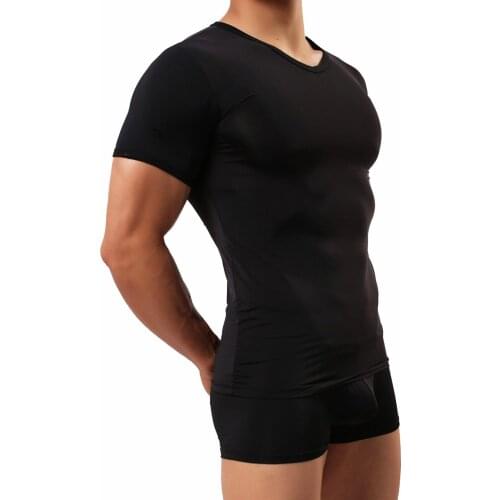 Mens Fitness Short Sleeve T Shirt Nylon Ultra Thin Refreshing Ice Silk Tight Round Collar