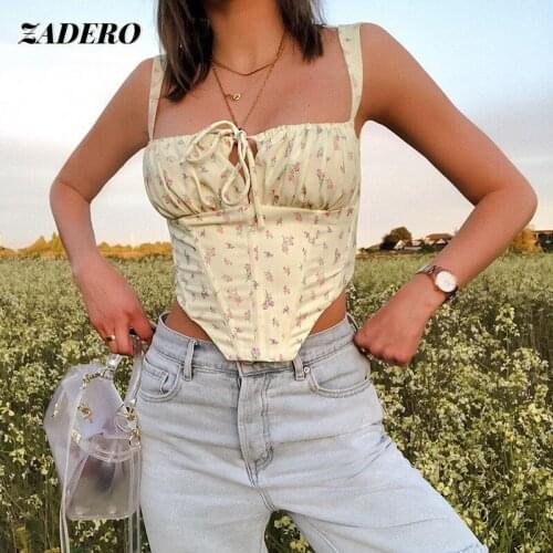 Crop Top Women Sexy Floral Print Lace-up Square Collar Sleevelee Backless Camis Spaghetti Straps Boned Fashion Bustier Corset