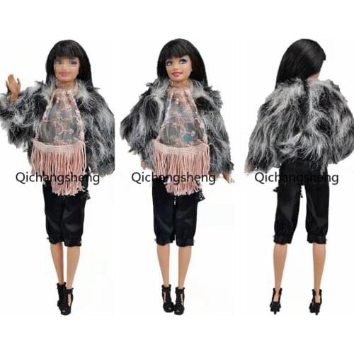 Fashion Gray Fur Coat 1/6 BJD Doll Outfits For Barbie Clothes Winter Jacket Scarf Tank Trousers Shoes 1:6 Dolls Accessories Toy
