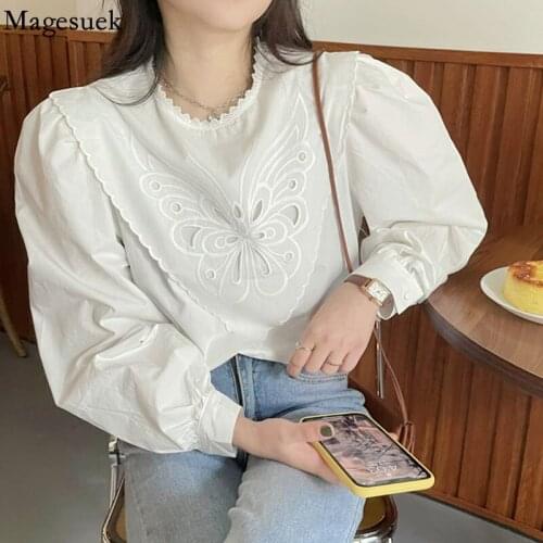 Autumn Casual Lantern Long Sleeve Womens Blouse Korean Hollow Butterfly Slim Loose Shirt O Neck Spring Women Tops Blusas 16033