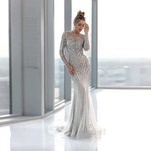 Latest Arrival Luxury Silver Beading Evening Gowns Long Mermaid Illusion Jewel Neck Wedding Party Dresses Long Sleeves 2021