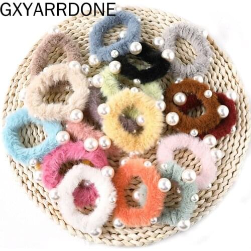 Wholesale Women Girls Colorful Faux Fur Pearls Elastic Hair Bands Ponytail Holder Sweet Scrunchie Headband Hair Accessories