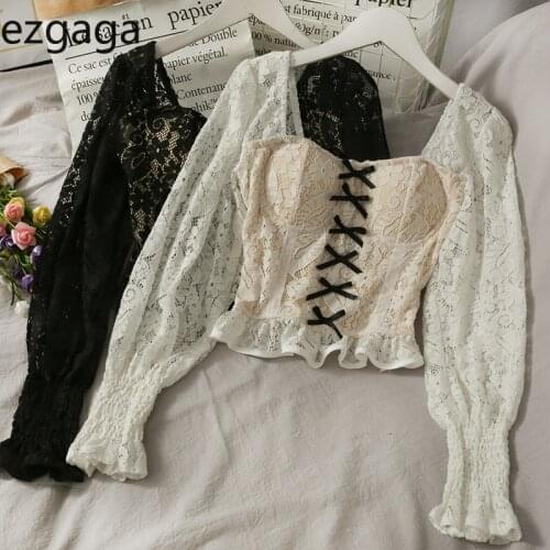 Ezgaga Sexy Crop Tops Women Blouse Lace Patchwork 2021 Spring Square Collar Long Sleeve Flower Shirts Slim Clubwear Casual