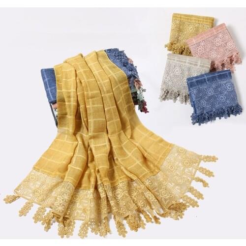2020 newest plain cotton scarf hijab plaid embroidered tassels scarves shawl autumn long female women muslim headscarf turban