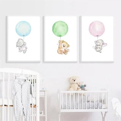Blue Green Pink Balloon Canvas Painting Baby Animal Nursery Prints Elephant Bear Wall Art Poster Pictures Kids Room Decoration