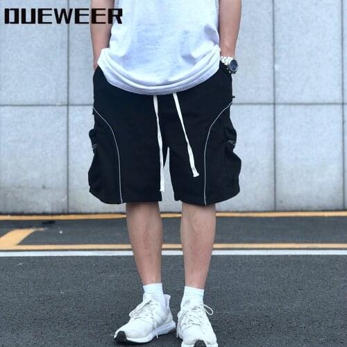 Dueweer Black Cargo Sweat Shorts High Street Side Zip Reflective Sweatpants Shorts Men Summer Loose Casual Shorts Cotton