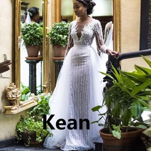 Detachable Train Wedding Dress Deep v-neck Mermaid Lace Full Sleeve Dubai Arabic Robe De Mariee Bride Gown Custom Made Plus Size