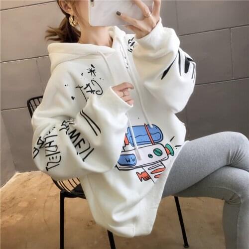 Harajuku Cartoons Printed Graphics Oversized Hoodies Women Winter Autumn Fleece Hooded Sweatshirt Cute Pockets Pullover Tops