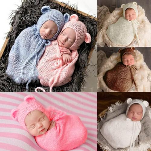 Crochet Soft Baby Sleeping Bag Newborn Sleep Sack Baby Mohair Bear Hats Knitted Newborn Wraps Baby Photography Props Photo Shoot