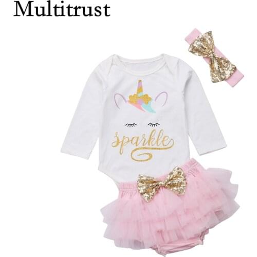 Citgeett Newborn Baby Girl Unicorn Cotton Top Romper Pants Skirt Ruffle Shorts Pink Headband Outfits Summer Clothes
