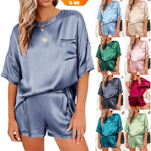 Women Sleepwear Summer Pajama Set Collar Faux Silk Satin Short Sleeve Casual Female Pijama Home Wear Shorts