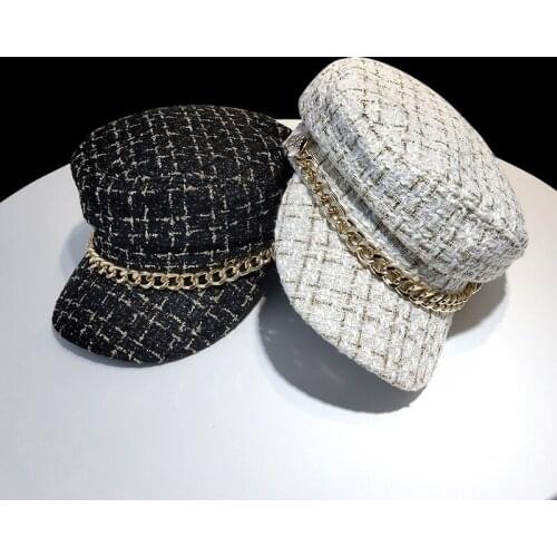 Autumn Hat Winter Chain Wool Military Hat Fashion Hats for Women Female Flat Army Cap Salior Hat Girl Visor Travel Berets