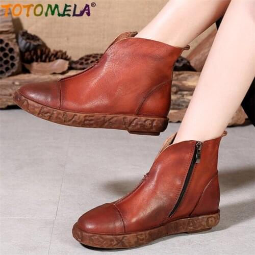 TOTOMELA 2020 new quality genuine leather boots retro flat boots autumn spring shoes vintage ladies western ankle boots female