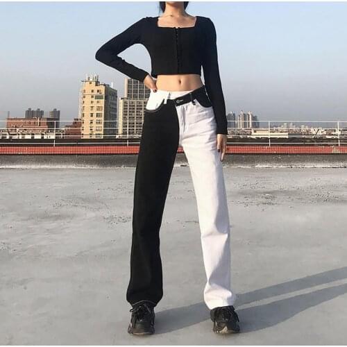 Goth Dark Y2k Aesthetic Gothic Wide Jeans Mall Goth Punk Slim Black White Color Blocking Hip Hop Women Pants Patchwork Trousers