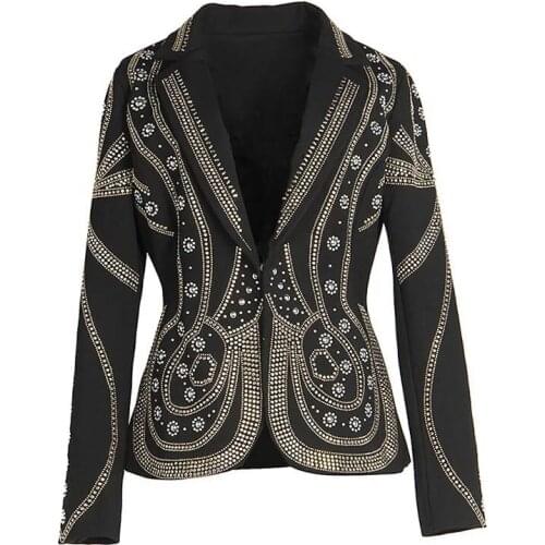 Autumn new women turn down collar luxury rivets beading hox fix rhinestone long sleeve black color slim waist blazer suit coat