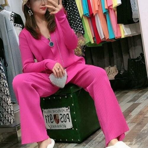 Women 2021 Spring Autumn New Knitted Pants Set Female Chic V-neck Cardigan Tops Casual Sweater+ Wide Leg Pants 2 Piece Set L406