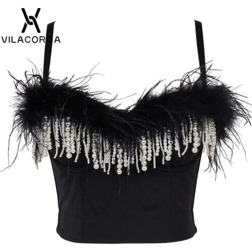 Black Feather Stitching Pearl Tassel Sling Women Corset Camis Party Sexy Tube Top Backless Slim Cropped Tops Bustier Female Vest