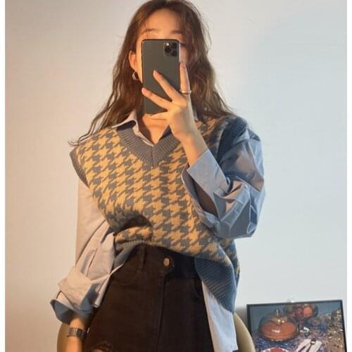 New Womens Knit Vest Fall Winter Retro Casual Loose V-neck Sleeveless For Female Classic Houndstooth Pattern Waistcoat Sweater