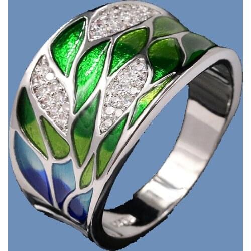Elegant Bohemian Style 925 Silver Green Leaf Enamel Ladies Ring Zircon Inlaid Wedding Ring Fashion Jewelry Flower Ring Women