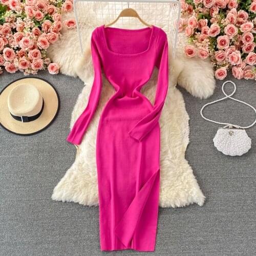 2021 Autumn Women Knit Bodycon Dress Solid Square Collar Long Sleeve Elegant Slim Elastic High Split Midi Party Dress Vestidos