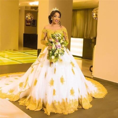 African Black Girls White with Gold Lace Wedding Dresses 2019 Long Sleeves Beaded Appliques Skin Tulle Long Sleeves Bridal Gowns
