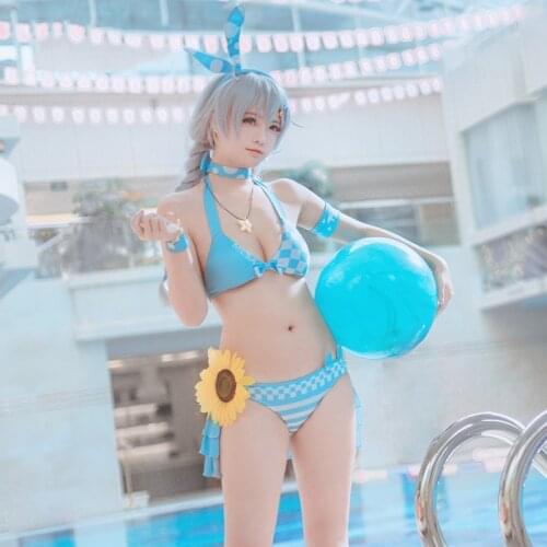 Anime! Honkai Impact 3 Kiana Kaslana Swimsuit Uniform Cosplay Costume Summer Pool Party Swimwear Wig for Women Full Set