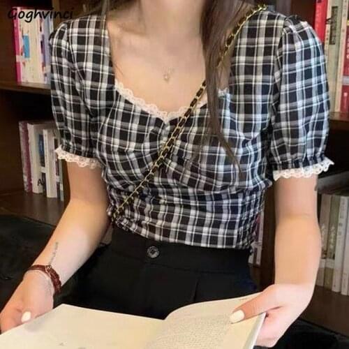 Blouses Women Plaid Summer Lace Leisure Short Sleeve Slim Female Top All-match Square Collar Stylish Daily Student Korean Style
