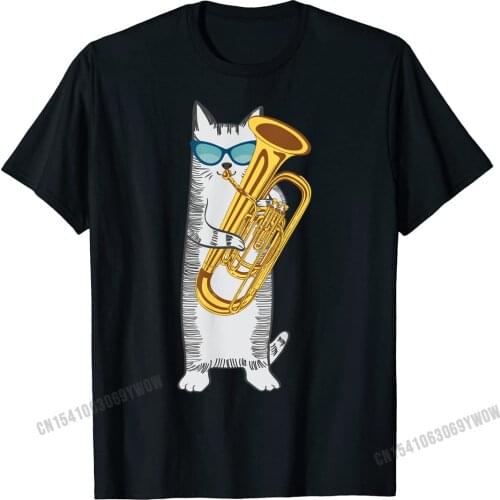 Tuba Cat Wearing Retro Sunglasses For Low Brass Players T-Shirt Men Customized Cotton Men Tops Tees Summer Brand Tshirts