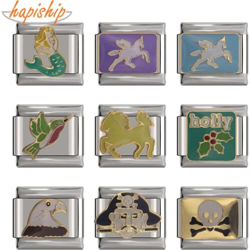 Hapiship 9mm Width Original Daisy Mermaid Horse Skull Sexy Birds Eagle Pirates Charm Fit Bracelet Stainless Steel Link DJ42B