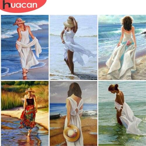 HUACAN Full Drill Diamond Painting Portrait Woman Diamond Embroidery Seaside Mosaic Home Decoration Wall Stickers