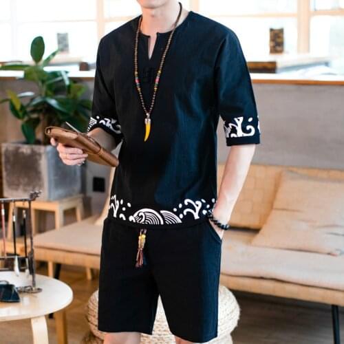 Summer Men Yoga Set Sportswear Linen Chinese Traditional Loose Casual Jogger Workout Atheltic Outfit Set Sweatshirt+sweatpant