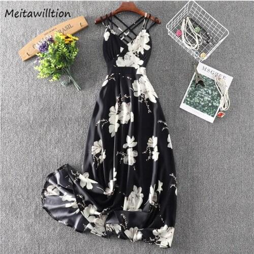 Summer V-Neck Floral Print Dress 2021 Sexy Sleeveless Backless Spaghetti Strap Beach Dress Elegant High Waist Party Dresses