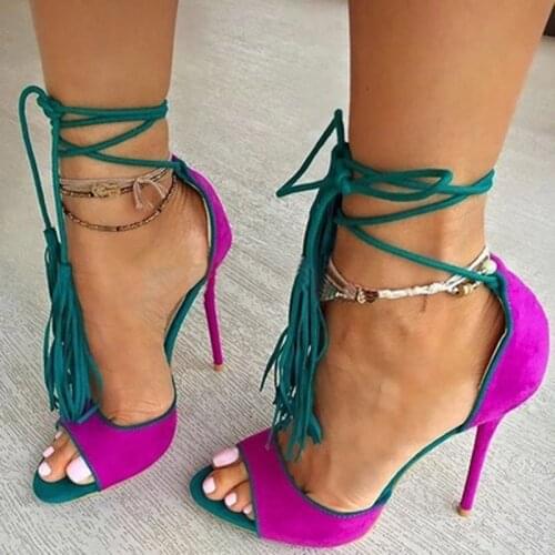 Summer Sexy Mixed Color Fish Toe Stiletto High Heel Tassel Sandals Cross- Tied Fringed Lace Up Sandalias Party Shoes for Ladies