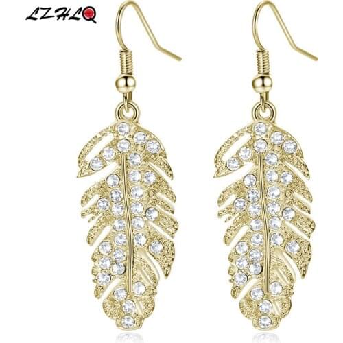 LZHLQ Luxury Crystal Wedding Earrings Women Fashion Metal Feather Rhinestone Drop Earrings 2019 Famous Brand Jewelry Accessories