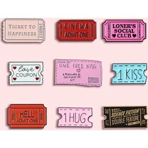 Creative Movie Ticket Badge Cartoon Cute Kiss Hug Metal Enamel Brooch Fashion Simple Clothes Backpack Jewelry Accessories Gift
