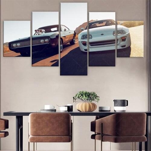 Wall Art Canvas Painting HD Print 5 Pieces Movie Fast Furious Sports Car Racing Car Pictures Bedside Home Decorative Posters