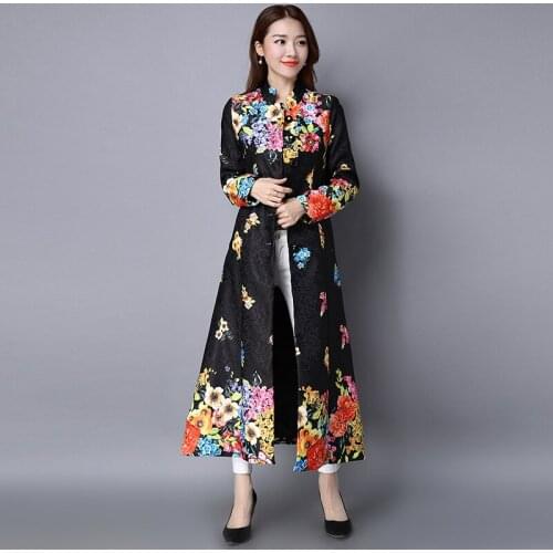 New Fund 2019 Spring Dress Retro Printing Long Coat Female Literary Cotton Buttons Long Sleeve Cardigan National Wind