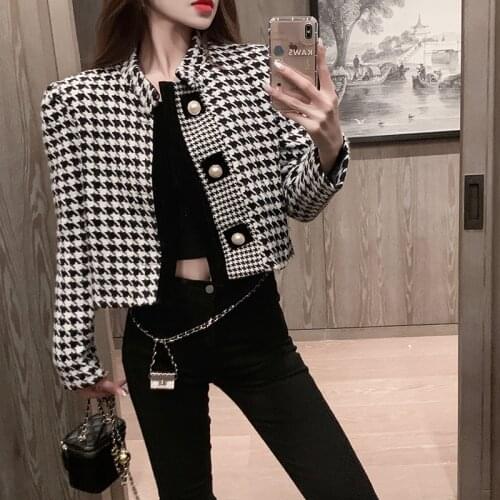 New Fashion Korean Women Autumn Houndstooth Long Sleeve Stand Collar Coats Ladies Casual Blazers Jacket Cropped Tops