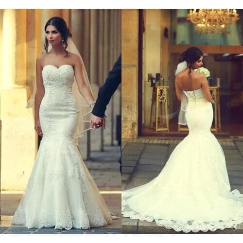 New Saudi Arabic Mermaid Wedding Dresses Sweetheart Lace-up Back Appliques Long Bridal Gowns Sweep Train Plus Size