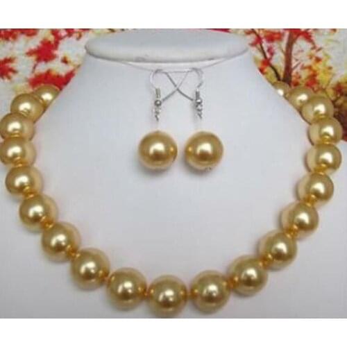 CHARMING 14MM Gold South Sea shell pearl necklace earring 18" 36"