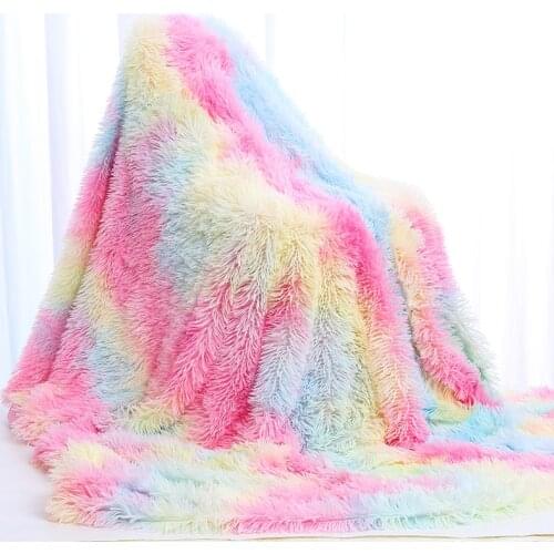 Rainbow Plush Super Soft Blanket Colorful Gradient Bedding Sofa Cover Furry Fuzzy Fur Warm Throw Cozy Couch Blanket for Winter
