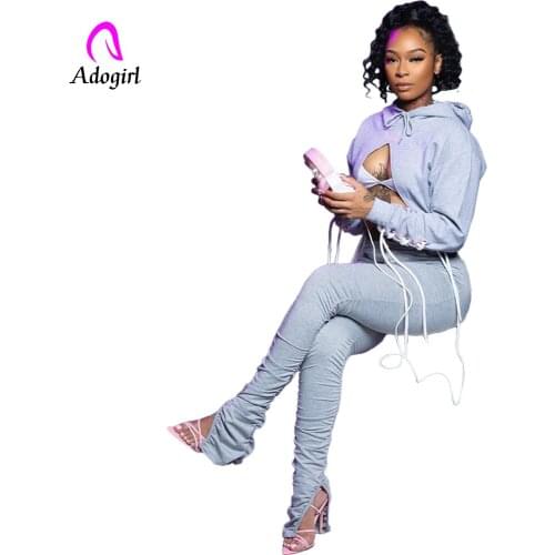 Grey Plain Color Fitness Women 2 Pieces Set Long Sleeve Crop Hoodies Top and Stacked Leggings Flare Pant Set Female Tracksuits