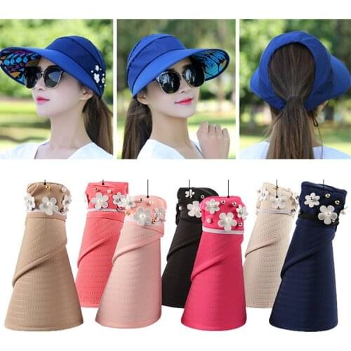 New Promotion Summer Women Floral Sun Hats Foldable Sun Visor Caps Suncreen Floppy Cap Chapeau Femme Large Brim Beach Hats