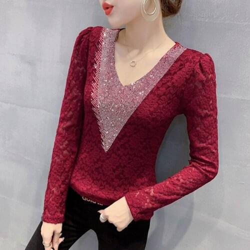 2020 New Women Shirts Cotton Full Hellow Out Lace Diamonds Solid V-Neck Tops Shirts Office Lady Plus Size Elegant Winter Shirts