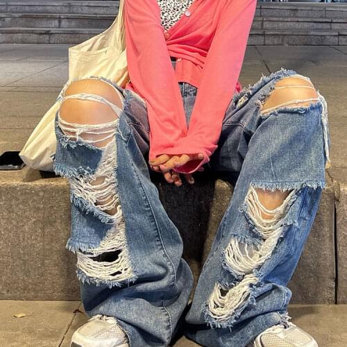 Spring And Autumn womens ripped jeans high waist loose straight pants wide leg pants womens jeans Y2K high street jeans