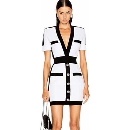 Wholesale Free Shipping Sexy V Neck Patchwork Mini Women Bandage Dress 2021 Celebrity Designer Fashion Party Dress Vestido