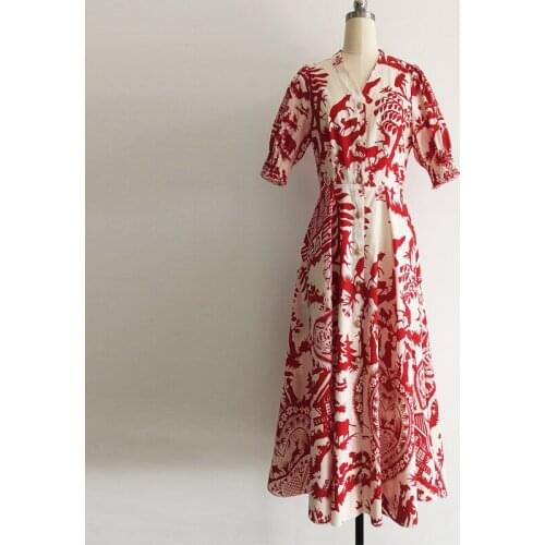 Fashion 100% Cotton Runway 2021 Spring Summer Puff Sleeve Red White Flower Print Elegant Office Dress
