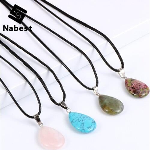 Women Natural Stone Crystal Water Drop Pendant Necklace Opal Onyx Picture Stone Charm Choker Waxed Rope Clavicle Chain Jewelry