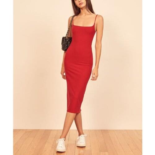 2021 Spring Summer Women Sling Dress Strap Midi Dress Square Collar Sleeveless Knee-Length Dress Waist Slim Ladies Long Robe
